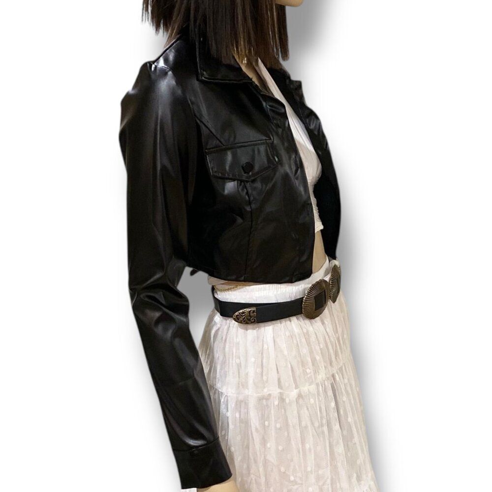 Black Leather Long Sleeve Button Down Cropped Jacket NEW - Picture 5 of 5